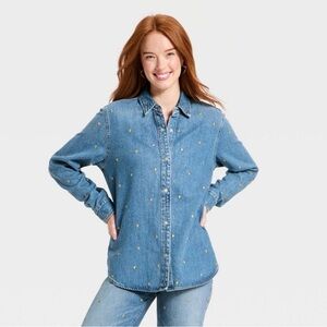 Women's Valentine's Day Relaxed Embellished Denim Shirt - Universal Thread NWT